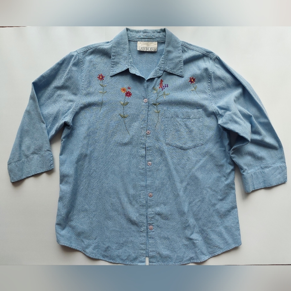 CASEY & MAX Women's M Floral Embroidery Vintage Blue Denim Chambray Cottagecore